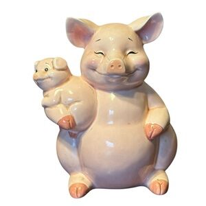 VTG Ceramic Piggy Bank Mama Baby Piglet Pink Kitschy Country Kitchen Grannycore